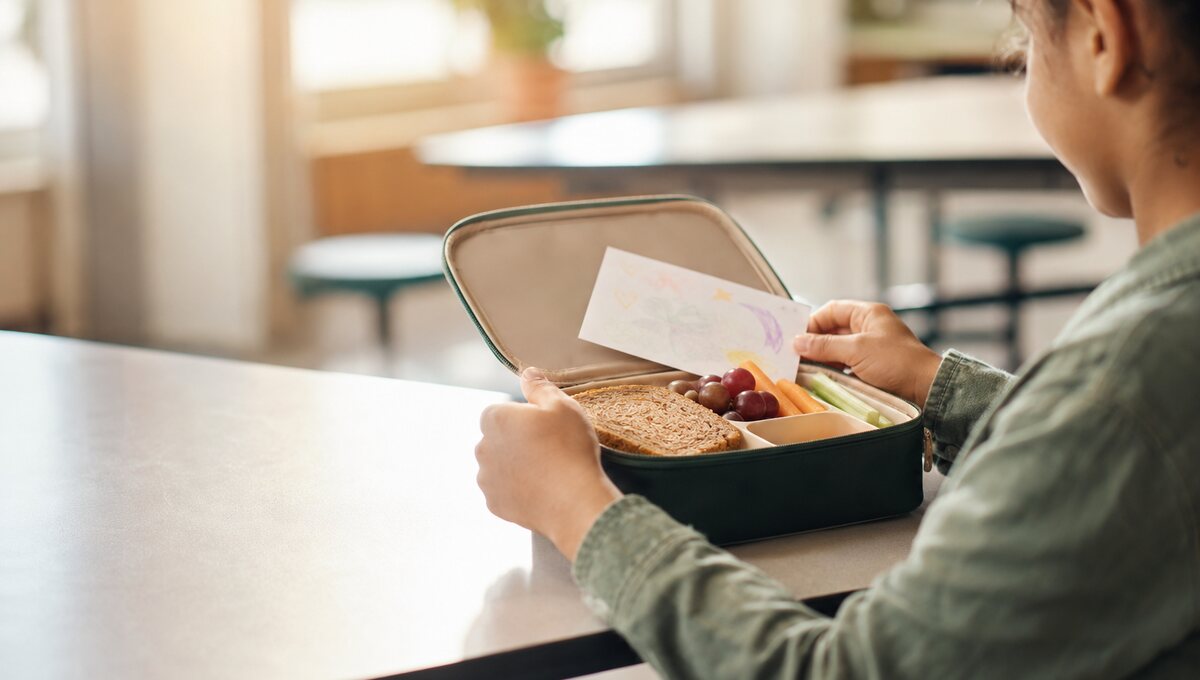 A child opens a lunchbox containing a sandwich, fruit, and vegetables in a school cafeteria